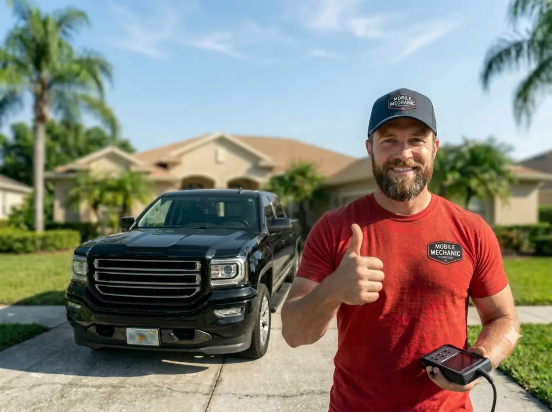 A King Mechanic Agency mobile mechanic giving a thumbs up beside his branded black GMC service truck.